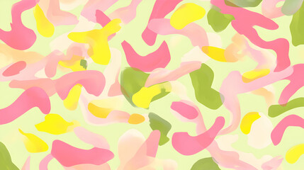 An abstract spring background with bold, asymmetrical shapes in bright pink and yellow tones scattered across a light green backdrop, creating a dynamic and joyful look