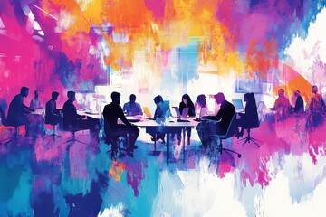 Abstract illustration of a vibrant and dynamic startup office environment