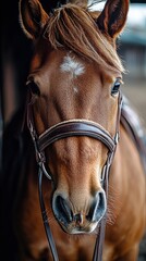 Fototapeta premium Close-up of a brown horse with a white star marking on its forehead, wearing a leather bridle, in a stable environment during the afternoon