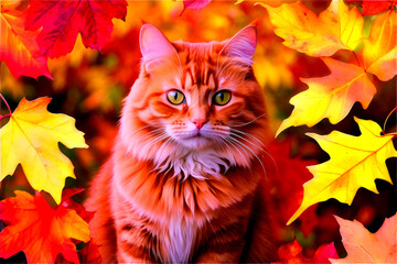 watercolor ginger cat with autumn colorful leaves. Hand-painted fluffy cat in vibrant fall foliage isolated background, Generative AI