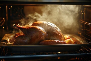 A delicious roast turkey being cooked in an oven, emitting steam and a flavorful aroma.