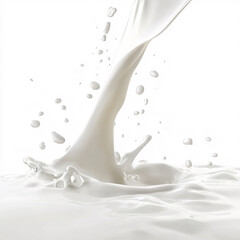 Dynamic splash of milk with droplets against a white background, showcasing freshness and motion in a high-quality, visually appealing manner.