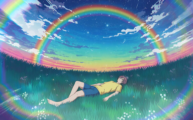 A young man in yellow and blue lies in green grass under a rainbow and starry sky  a dreamy summer night scene   