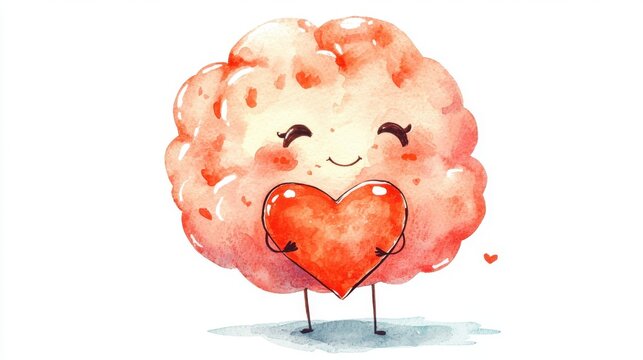 Cute and whimsical illustration of a brain character holding a red heart, symbolizing love and affection in a playful style.