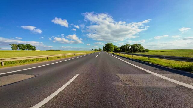 Point of view vehicle scenic driving by road at Poland. Racing down road with POV windshield revealing world, Adventures, active rest, travel, enjoyment