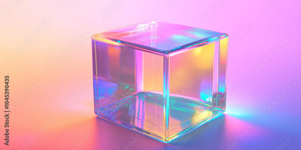 Poster Empty glass cube casting colorful reflections on surface