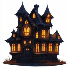 A spooky, dimly lit house with multiple gables and glowing windows, exuding an eerie charm typical of haunted mansions.