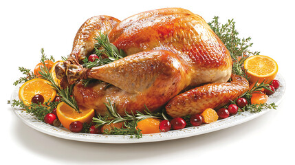Roast turkey garnished with herbs and citrus fruits