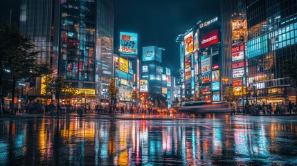 Naklejka premium A bustling cityscape at night with brightly lit billboards reflecting in the wet streets.