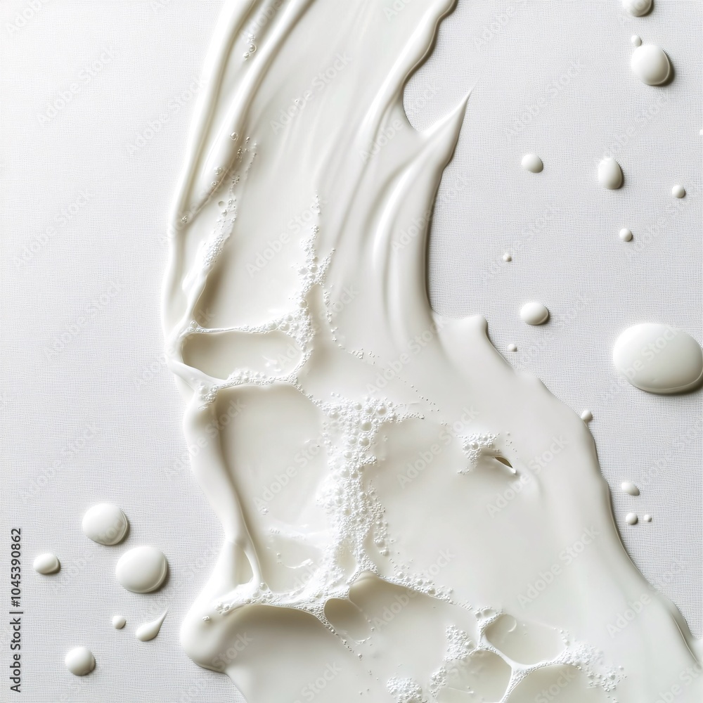 Poster liquid white texture with smooth and dynamic flow, showcasing drops and splashes against a clean bac