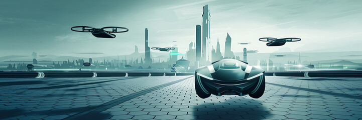 Futuristic cityscape with flying vehicles.
