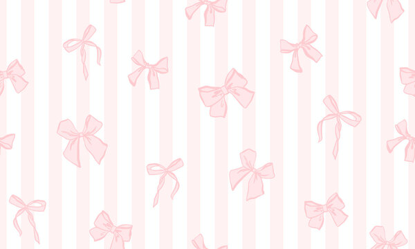 Fototapeta Pattern with different pink bows with striped background, seamless pattern for girl, coquette core design