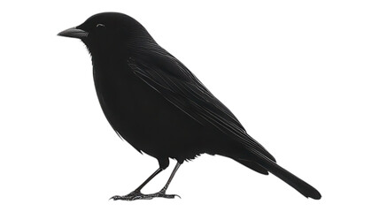 Obraz premium A black bird stands elegantly on a surface, displaying its glossy feathers in natural light against a transparent background.