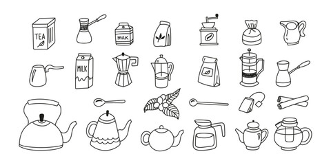 Hand drawn collection morning beverage coffee or tea with milk, kettle, turk, tea box and bag, coffee maker, teapot, coffee beans, spoon, cinnamon doodle