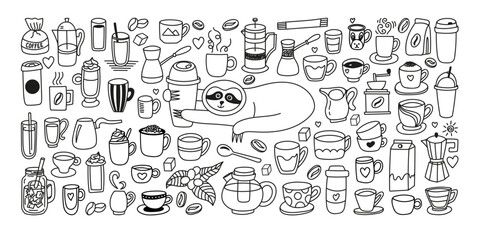 Hand drawn tea, coffee doodle set with milk, cups, kettle, coffee maker, turk, utensils and sloth © anntre