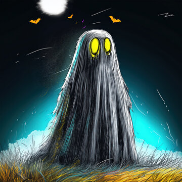 A cartoon drawing of a ghost with yellow eyes, a spooky night background, grassy field, glowing in the dark, in the Halloween theme.