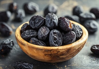 A wooden bowl filled with plump, succulent black dried fruits placed on a textured surface surrounded by additional dried fruits creating an appealing food display