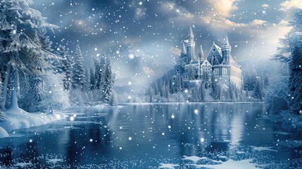 A majestic castle standing on a snowy hill by a lake. The architecture of the castle is intricate and majestic, with numerous towers and spires reaching towards the sky.