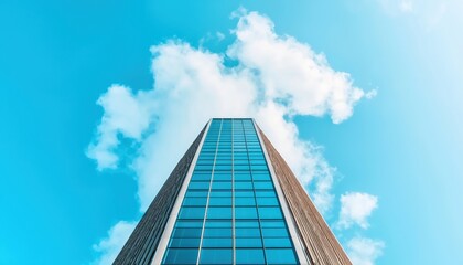 Fototapeta premium Exploring architectural marvels a captivating view of a skyscraper against a bright blue sky with fluffy clouds