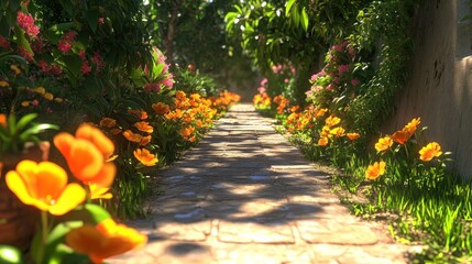 A stone pathway winds through a lush garden, lined with vibrant orange flowers and blooming pink blossoms. Sunlight casts dappled shadows on the path.