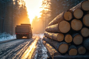 A stack of fresh pine wood in the foreground, with an open truck driving away on a forest road in the late afternoon light. 