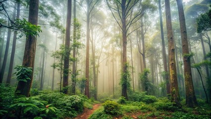 Fototapeta premium A misty forest with dense foliage and towering trees in a greyish-brown hue, shaded landscape, overgrown vegetation, mysterious atmosphere, greyish-brown