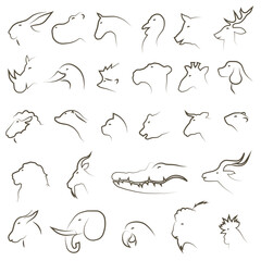 Animal icons on a white background. A set of profiles of various animals and birds. Animals in profile.