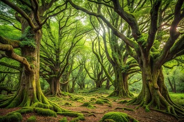 Naklejka premium Ancient forest with gnarled tree trunks and overgrown vegetation, woodland, foliage, vines, forest