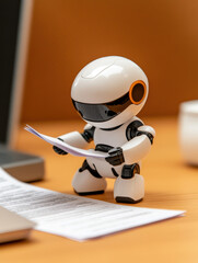 small robot is handling paperwork on wooden desk, showcasing futuristic approach to managing legal documents. Its design reflects advanced technology and innovation