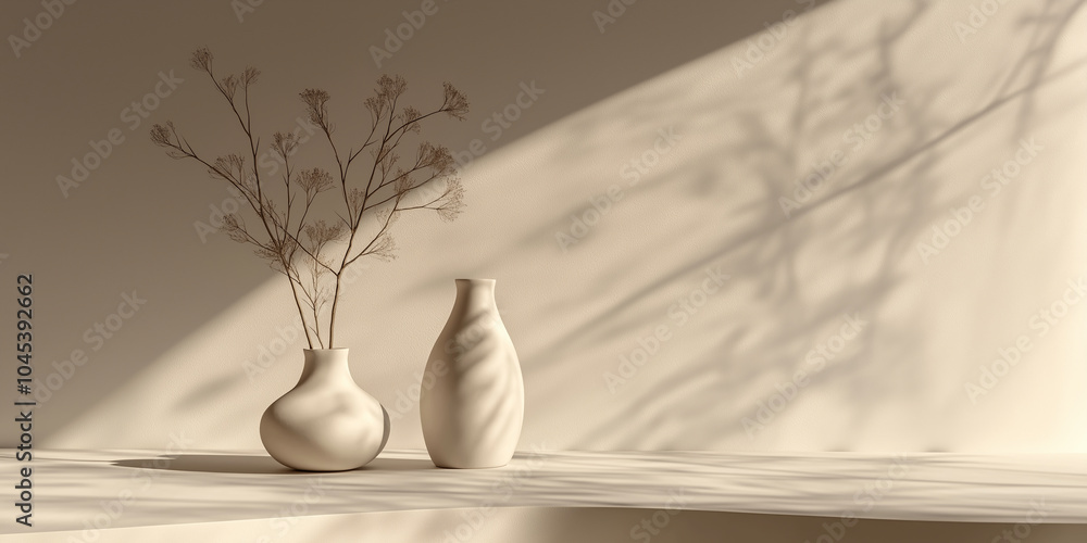 Poster sunlight casting shadows of dry branches on a wall behind vases