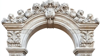 Naklejka premium Classic stone arc gate with detailed carvings, isolated against a white background.
