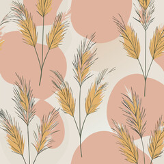 Golden Pampas grass seamless vector pattern. Silver panicle Cortaderia selloana. Floral ornamental grass. feathery flower head plumes, for wallpaper, arrangements, ornamental displays, decoration. 
