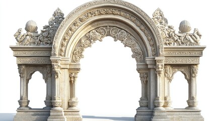 Obraz premium Classic stone arc gate with detailed carvings, isolated against a white background.