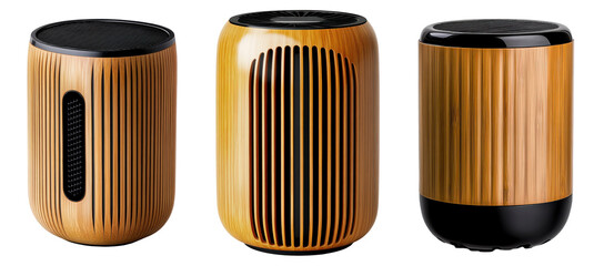 Elegant wooden cylinder speakers, sleek compact design, natural finish, versatile modern audio technology, portable sophistication Isolated on white background or PNG