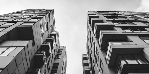 Modern buildings facades creating geometric pattern in black and white