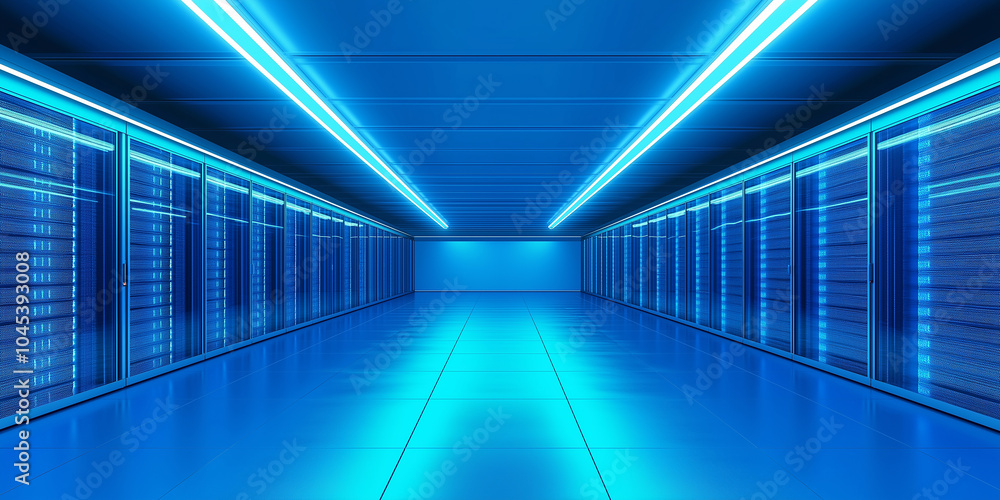 Poster server room hosting big data with neon lights illuminating the room