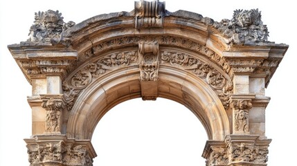 Obraz premium Classic stone archway with intricate carvings, isolated on white.
