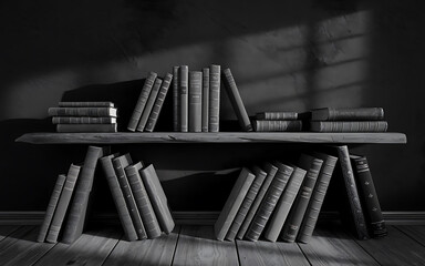 Monochrome rustic wooden shelf overflowing with vintage books dark gray and brown tones evokes knowledge peace and quiet study.
