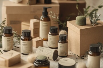 A beauty product line packaged in biodegradable materials, with earthy tones and sustainable messaging displayed on the labels.