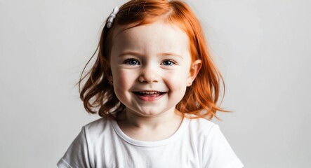 Naklejka premium redhead toddler girl white background wearing plain white tshirt smiling happy portrait