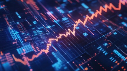 Fototapeta premium Financial Data Visualization with Glowing Line Graphs and Arrows Representing Economic Trends and Market Analysis