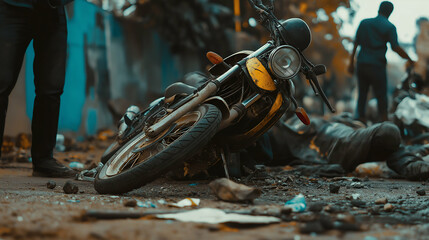 motorcyclist involved in a minor accident with damaged bike lying on the street
