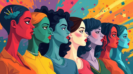Obraz premium This artwork features a striking depiction of diverse women, showcasing various hairstyles and bold colors. The vibrant design emphasizes unity and artistic expression.