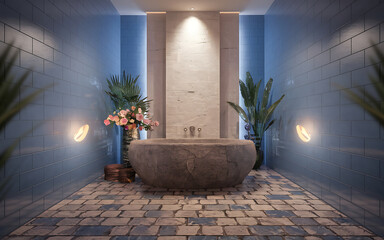 Serene spa bathroom grey stone tub blue walls relaxation wellness.
