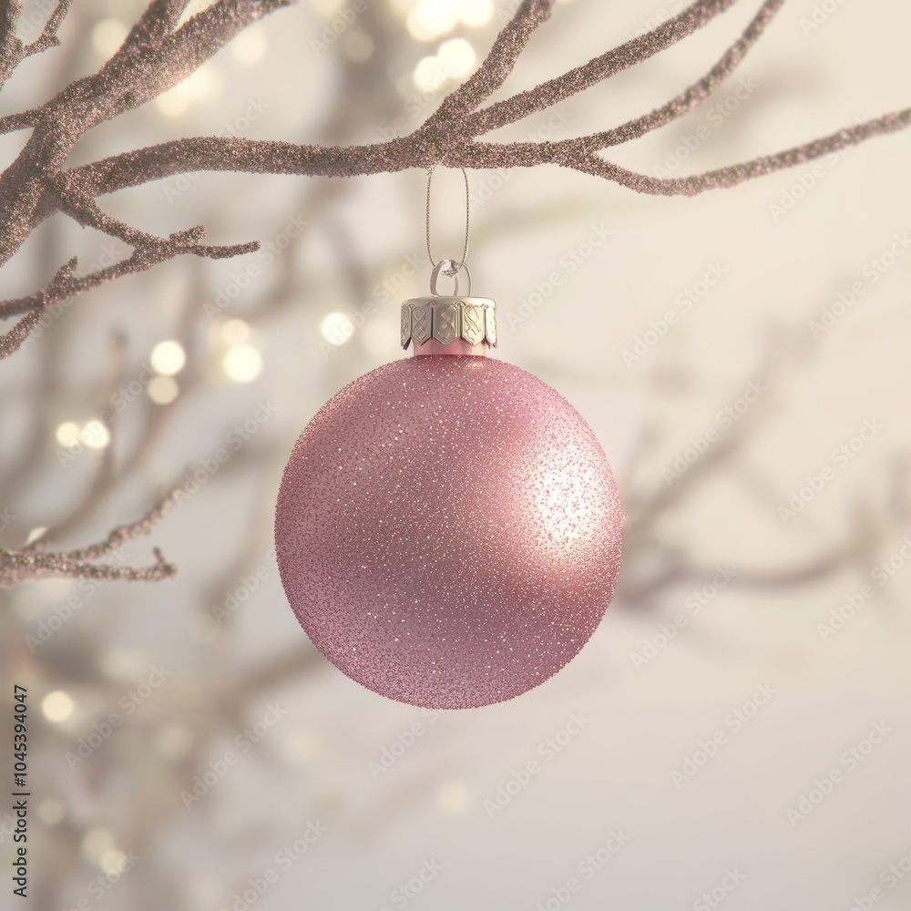 Poster a dynamic 3d representation of a pink christmas ornament hanging from a tree branch, sparkling with 