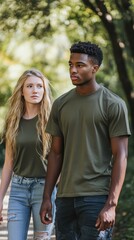 Obraz premium A young couple strolls hand in hand along a serene riverside path, enjoying the calm