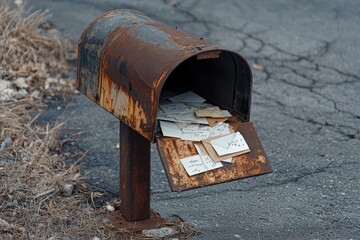 A rusty mailbox filled with old letters. It stands alone on a cracked road. This image evokes nostalgia and forgotten times. Perfect for storytelling. Generative AI