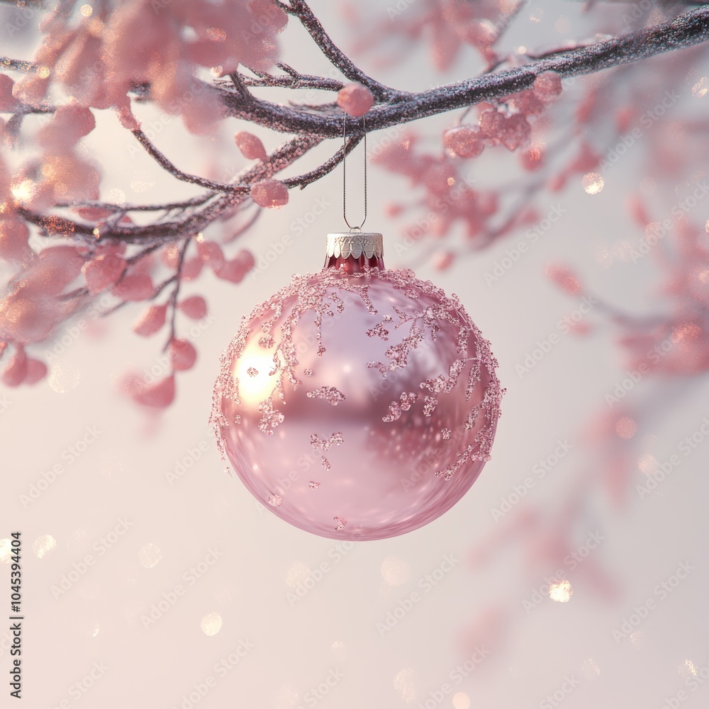 Poster a dynamic 3d representation of a pink christmas ornament hanging from a tree branch, sparkling with 