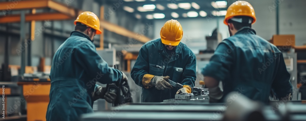 Poster workers in safety helmets collaborating in a manufacturing facility, focusing on machinery and tools