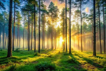 Obraz premium A serene forest with tall trees and a misty atmosphere at dawn, outdoor, wilderness, woodland, scenic